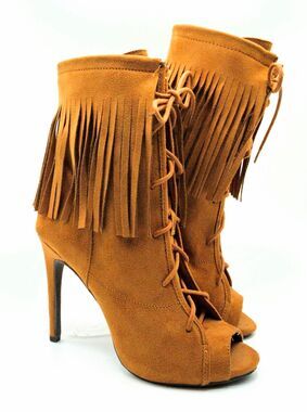 NEVER BEEN WORN!!! Wild Diva Tan Suede Fringe Lace-Up Open Toe Bootie Stiletto H